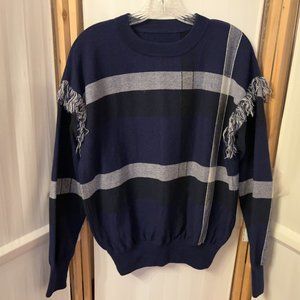 TORY BURCH Sz M Gwen Navy Blue Black Plaid Fringe Wool Sweater 41432